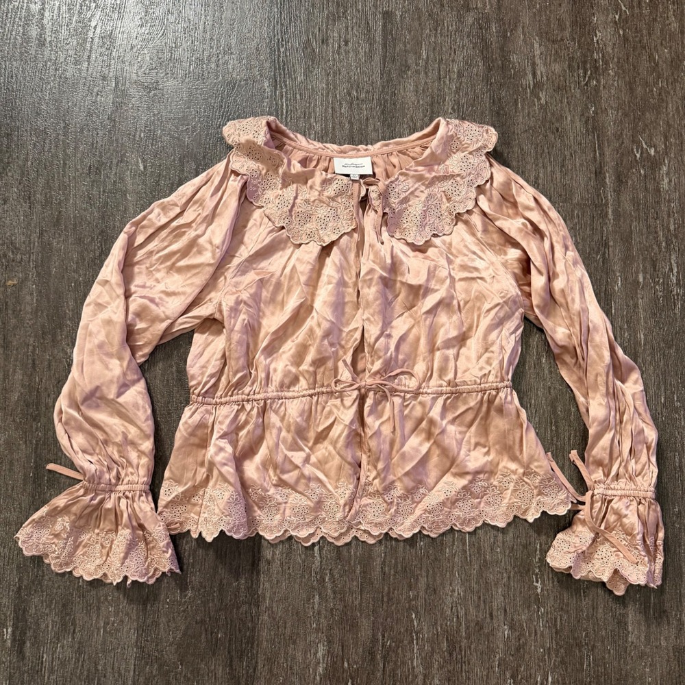 Reformation Kacey Musgraves Blouse Women XS Pink Silk Lace Eyelet Peplum Top - Picture 2 of 6